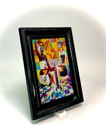 1:12 Dollhouse miniature modern chess players picture canvas on a mirrored frame
