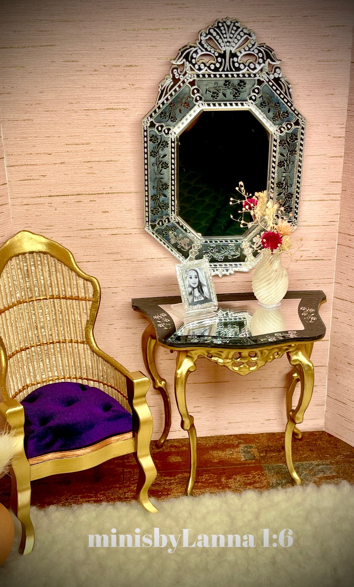 1:6 Dollhouse miniature Venetian classic large beveled black wall mirror