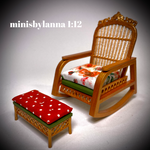 1:12 Dollhouse cane rattan rocking chair and foot-stool autumn roses