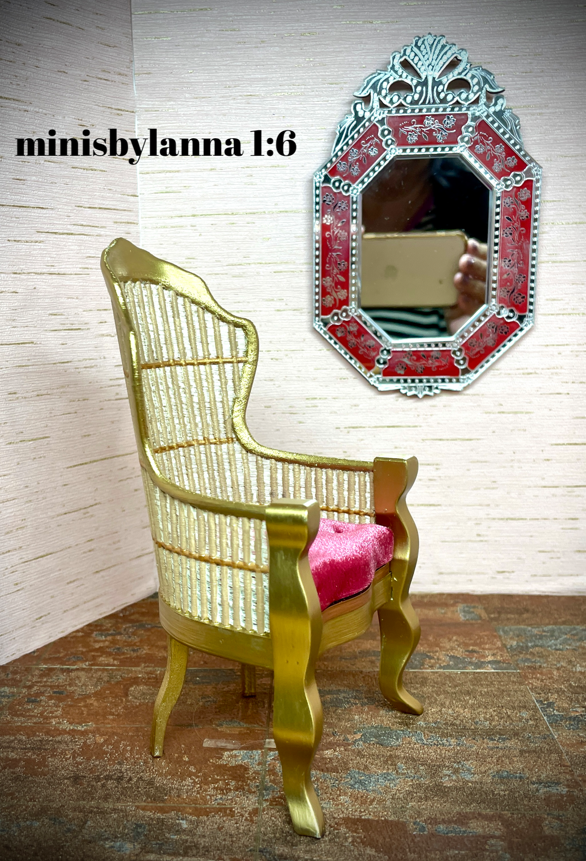 1:6 Dollhouse miniature Victorian rattan velvet cerise chair