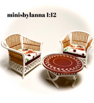 1:12 Dollhouse cane rattan white armchairs and mirrored table set autumn roses