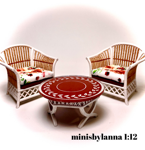 1:12 Dollhouse cane rattan white armchairs and mirrored table set autumn roses