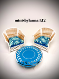 1:12 Dollhouse cane rattan white armchairs and mirrored table set tropical blue