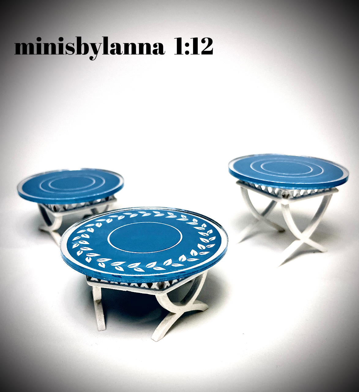 1:12 Dollhouse cane rattan pearl side table set (3) Victorian blue etched mirror round tops
