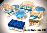 1:12 Dollhouse miniature cane rattan white armchair and stool tropical blue