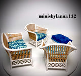1:12 Dollhouse cane rattan white living room set sofa armchairs stool tropical blue