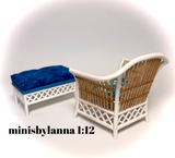 1:12 Dollhouse miniature cane rattan white armchair and stool tropical blue