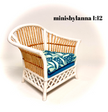 1:12 Dollhouse miniature cane rattan white armchair tropical blue