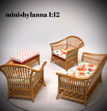 1:12 Dollhouse cane rattan living room set sofa armchairs stool autumn roses