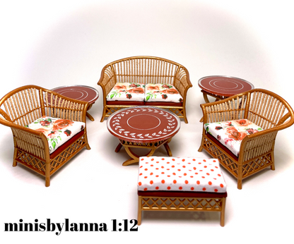 1:12 Dollhouse cane rattan side table set (3) magenta etched mirror round tops
