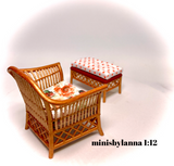 1:12 Dollhouse miniature cane rattan armchair and stool autumn roses
