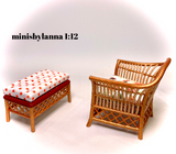 1:12 Dollhouse miniature cane rattan armchair and stool autumn roses