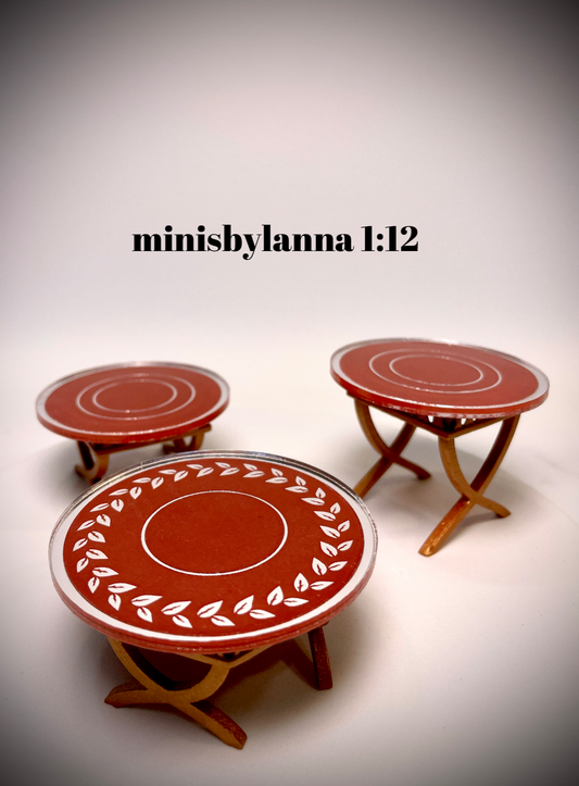 1:12 Dollhouse cane rattan side table set (3) magenta etched mirror round tops
