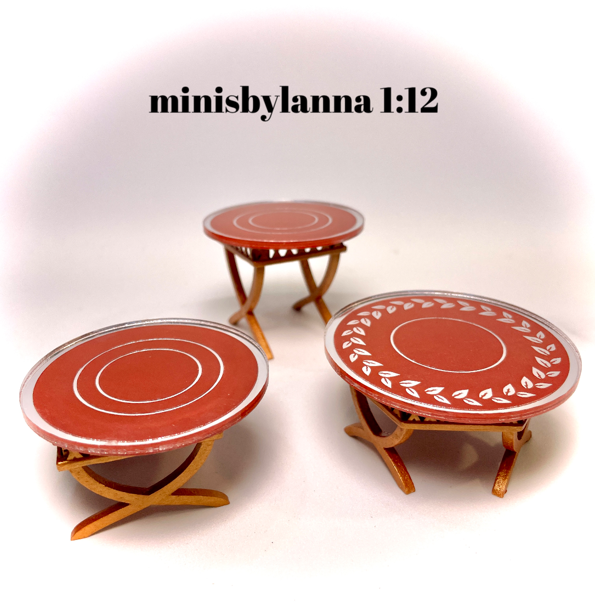 1:12 Dollhouse cane rattan side table set (3) magenta etched mirror round tops