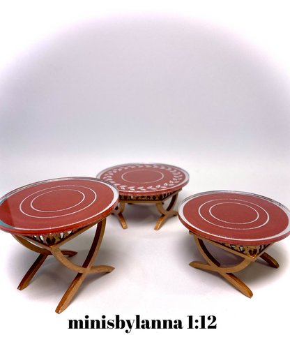 1:12 Dollhouse cane rattan side table set (3) magenta etched mirror round tops