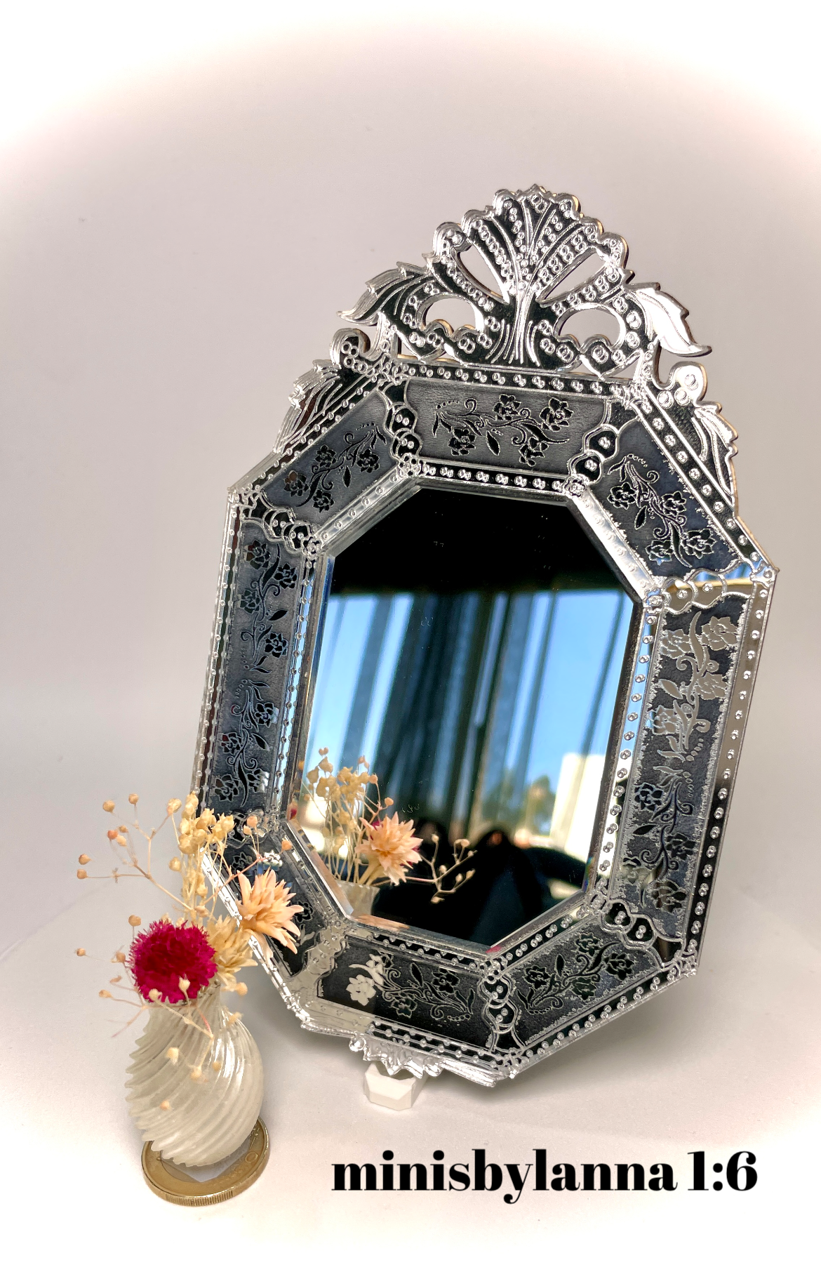 1:6 Dollhouse miniature Venetian classic large beveled black wall mirror