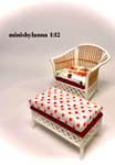 1:12 Dollhouse miniature cane rattan white armchair and stool autumn roses