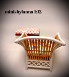 1:12 Dollhouse miniature cane rattan white armchair and stool autumn roses