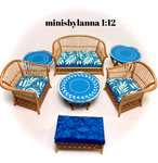 1:12 Dollhouse cane rattan living room set sofa armchairs stool tropical blue