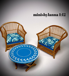 1:12 Dollhouse cane rattan armchairs and mirrored table set tropical blue