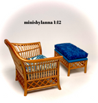 1:12 Dollhouse miniature cane rattan armchair and stool tropical blue