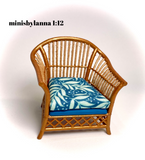 1:12 Dollhouse miniature cane rattan armchair tropical blue