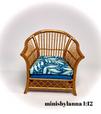 1:12 Dollhouse miniature cane rattan armchair tropical blue