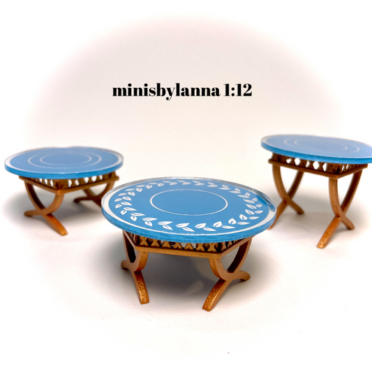 1:12 Dollhouse cane rattan side table set (3) Victorian blue etched mirror round tops