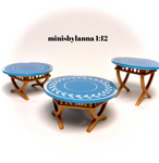 1:12 Dollhouse cane rattan side table set (3) Victorian blue etched mirror round tops