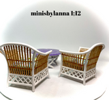 1:12 Dollhouse cane rattan white armchairs and mirrored table set spring 23
