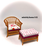1:12 Dollhouse miniature cane rattan armchair and stool Spring Pink