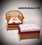 1:12 Dollhouse miniature cane rattan armchair and stool Spring Pink