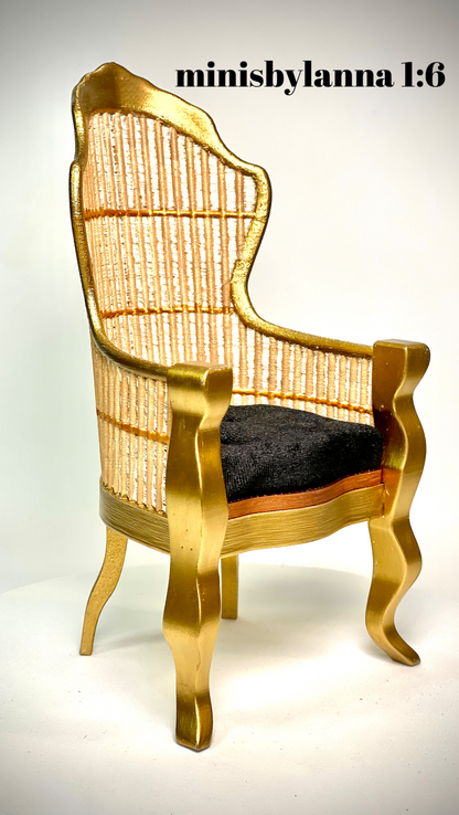 1:6 Dollhouse miniature Victorian rattan velvet black chair