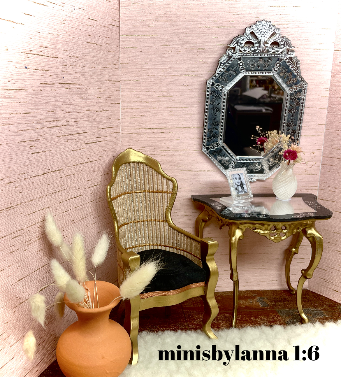1:6 Dollhouse miniature Victorian rattan velvet black chair