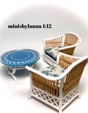 1:12 Dollhouse cane rattan white armchairs and mirrored table set autumn blue