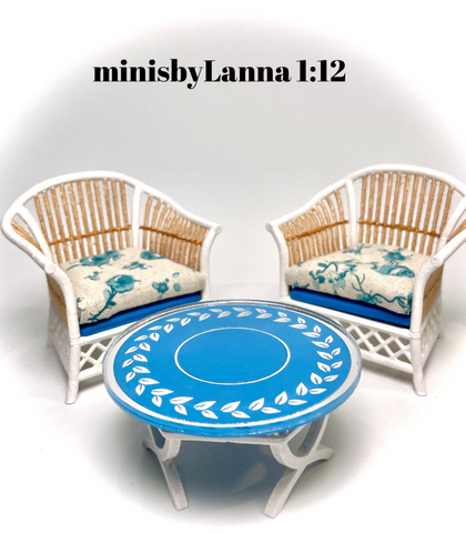 1:12 Dollhouse cane rattan white armchairs and mirrored table set autumn blue