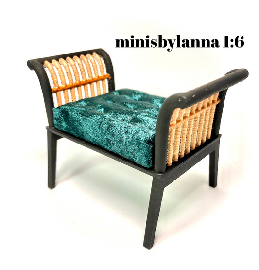 1:6 Dollhouse miniature wooden Art Deco rattan stool velvet spring green