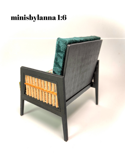 1:6 Dollhouse miniature wooden Art Deco rattan armchair velvet spring green