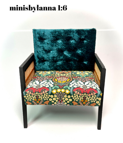 1:6 Dollhouse miniature wooden Art Deco rattan armchair velvet spring green