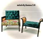1:6 Dollhouse miniature wooden Art Deco rattan armchair and stool velvet spring green