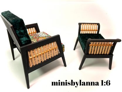 1:6 Dollhouse miniature wooden Art Deco rattan armchair and stool velvet spring green