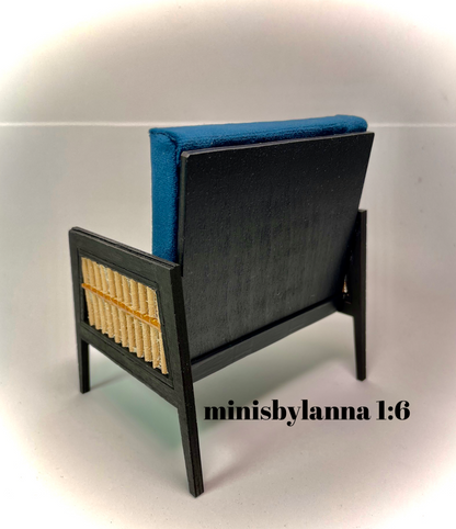 1:6 Dollhouse miniature wooden Art Deco rattan armchair orange and velvet deep blue