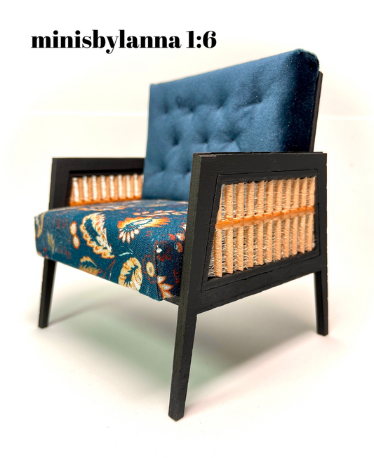 1:6 Dollhouse miniature wooden Art Deco rattan armchair orange and velvet deep blue