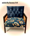 1:6 Dollhouse miniature wooden Art Deco rattan armchair orange and velvet deep blue