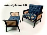1:6 Dollhouse miniature wooden Art Deco rattan armchair and stool orange and velvet deep blue