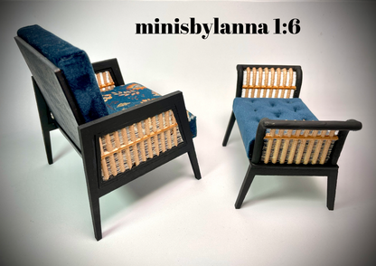 1:6 Dollhouse miniature wooden Art Deco rattan armchair and stool orange and velvet deep blue
