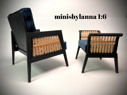 1:6 Dollhouse miniature wooden Art Deco rattan armchair and stool orange and velvet deep blue