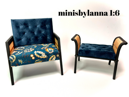1:6 Dollhouse miniature wooden Art Deco rattan armchair and stool orange and velvet deep blue