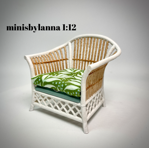 1:12 Dollhouse miniature white cane rattan armchair tropical green