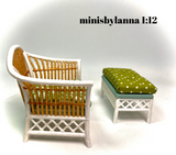 1:12 Dollhouse miniature white cane rattan armchair and stool tropical green